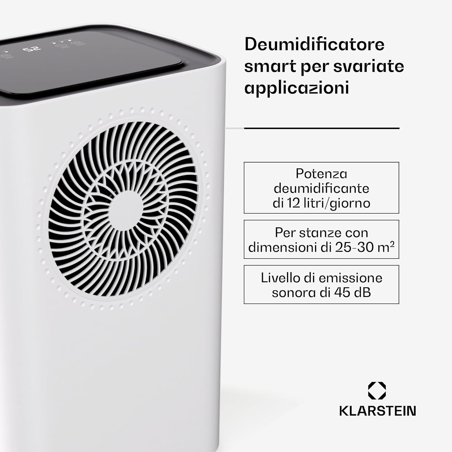 Klarstein CircleDry 12L Deumidificatore Portatile, Wi-Fi App, Silenzioso 38dB, Timer 24h, Drenaggio Continuo, Controllo Umidità, per Casa & Ufficio, Stanze fino a 24m², Bianco