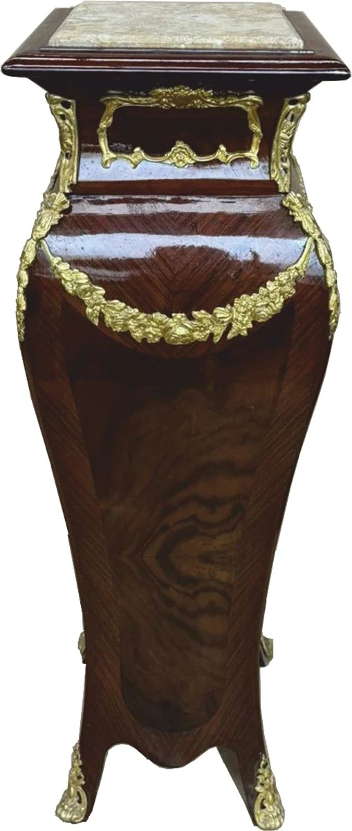 Baroque solid wood column with marble top dark brown / gold / cream H. 122 cm
