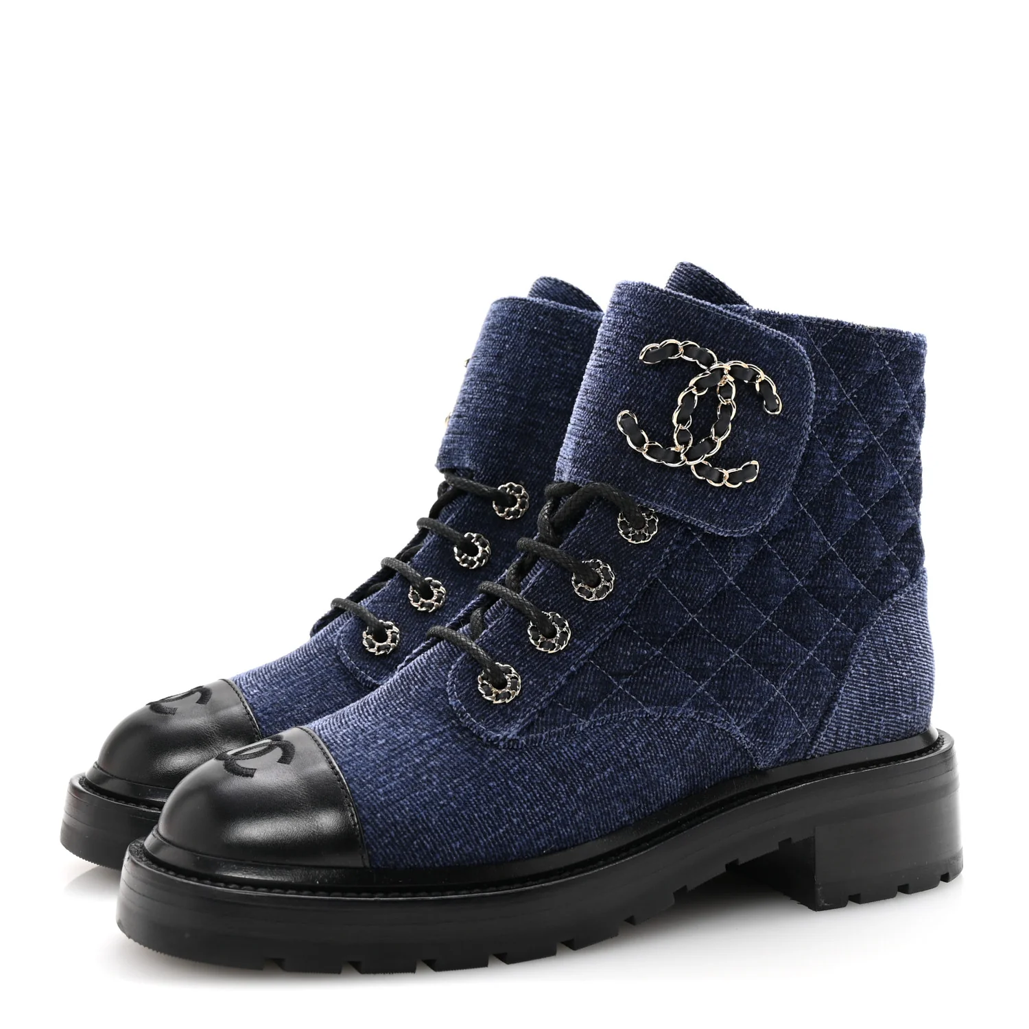 Shiny Calfskin Velvet Quilted Lace Up Combat Boots 38.5 Blue Black - Top Club