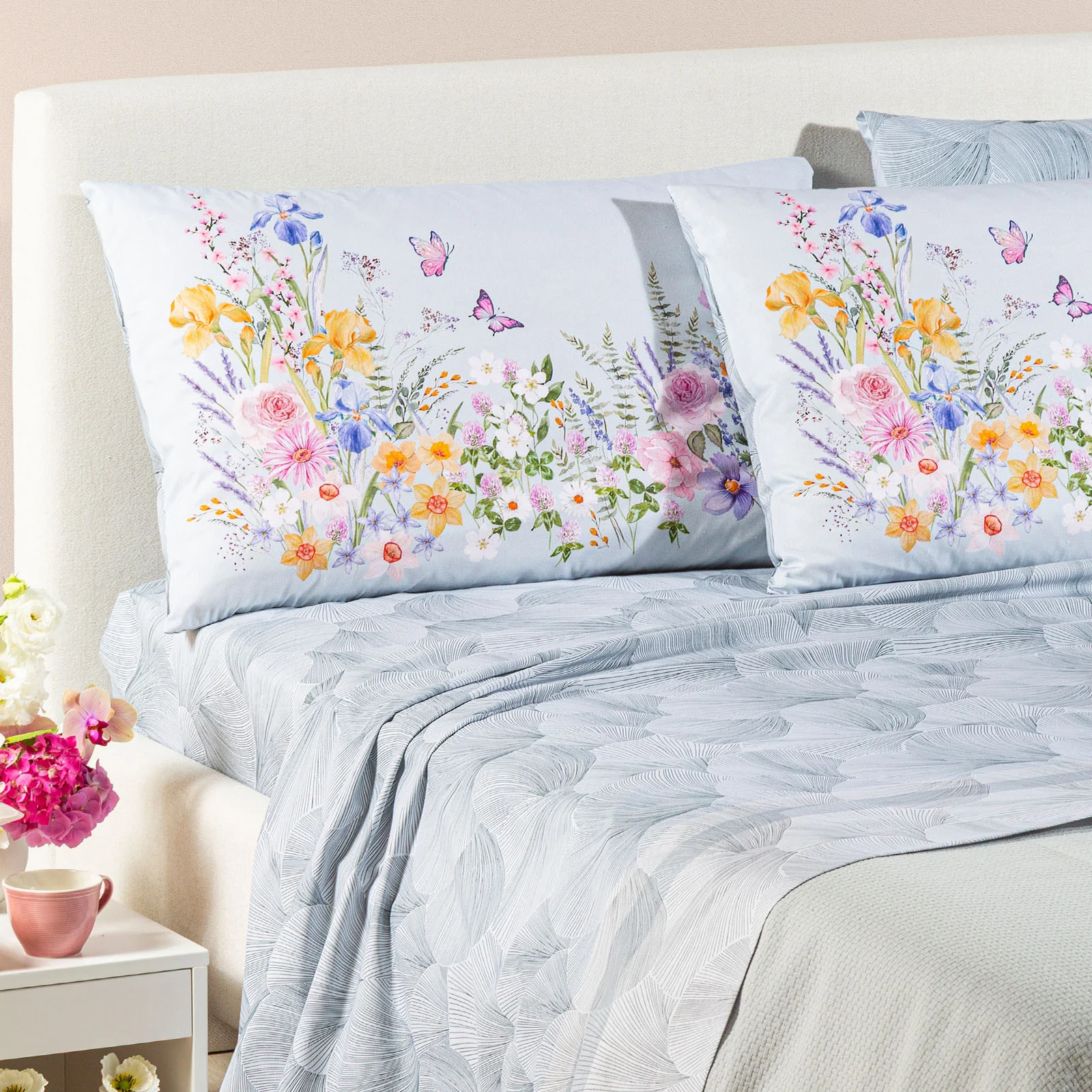 Completo Lenzuola In Cotone Yasmine Francese 2 Federe Grigio Caleffi