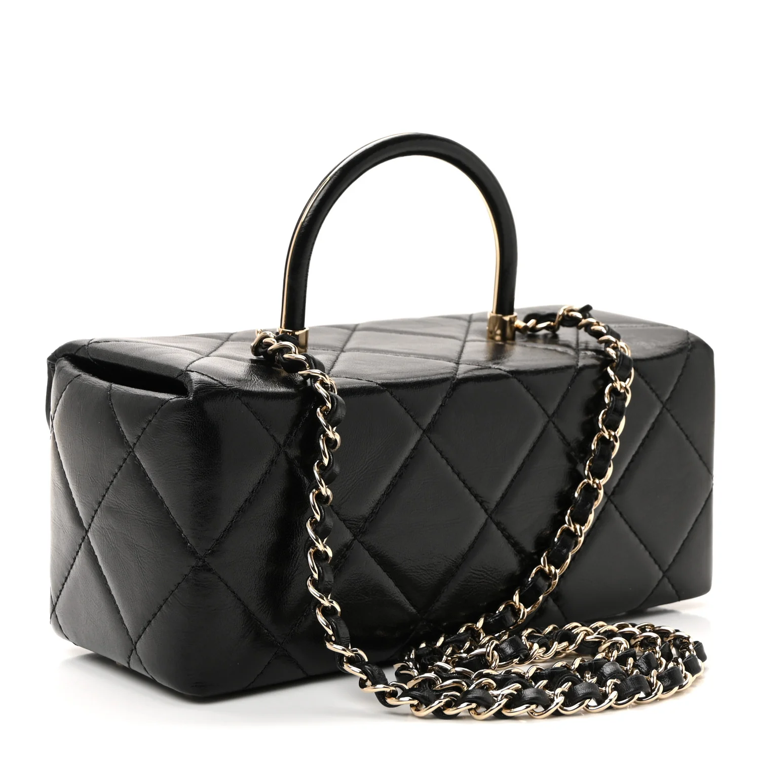 Shiny Calfskin Quilted Top Handle Box Bag Black - Top Club