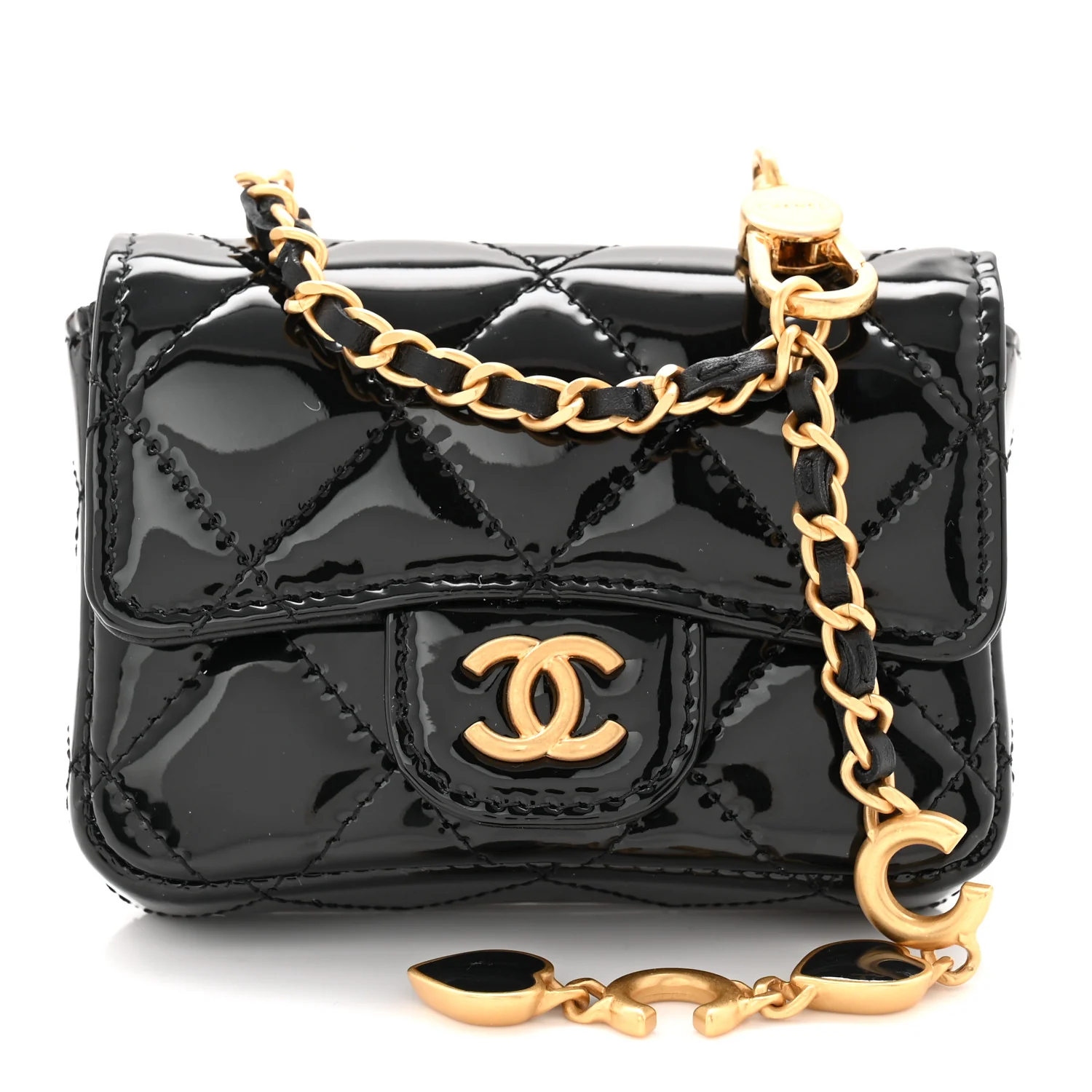 Patent Enamel Quilted Coco Hearts Clutch With Chain Black - Top Club