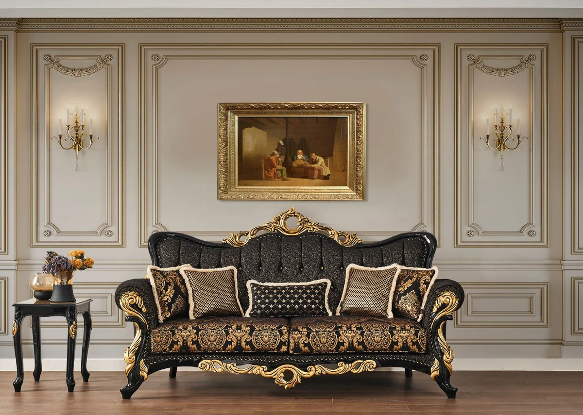 Luxury baroque living room set brown / black / gold - 2 sofas & 2 armchairs & 1 coffee table & 2 side tables - living room furniture in baroque style - noble and magnificent