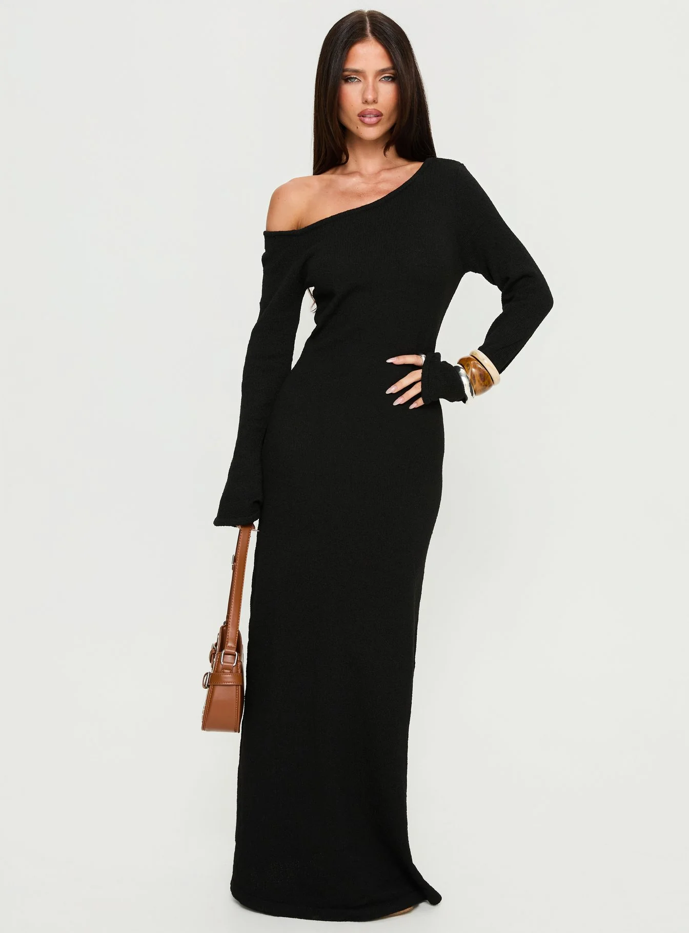 Kloey Long Sleeve Knit Maxi Dress Black