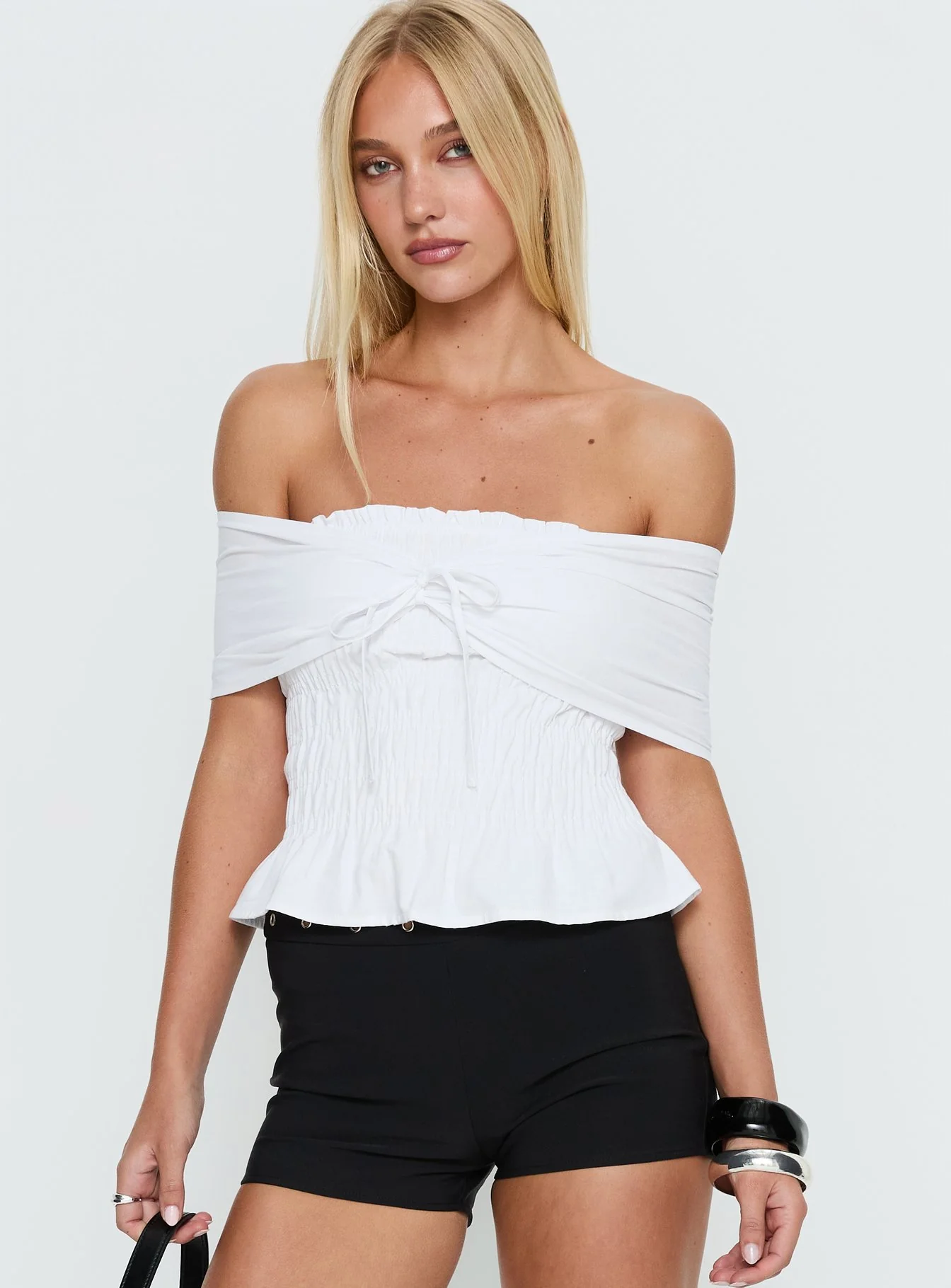 Avalynn Off Shoulder Shirred Top White