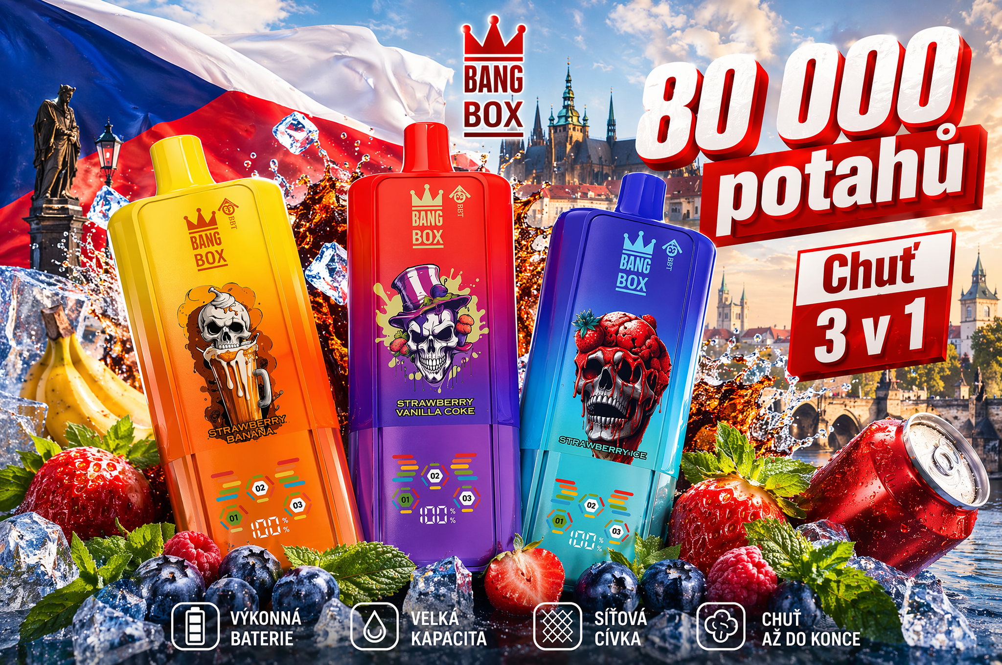 BANGBOX 80K příchutě 3 v 1 vape kolekce ovocné ice energy disposable vape Česko