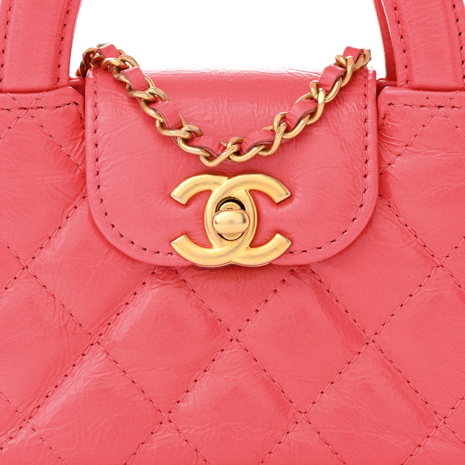 Shiny Aged Calfskin Quilted Mini Nano Kelly Shopper Dark Pink - Top Club