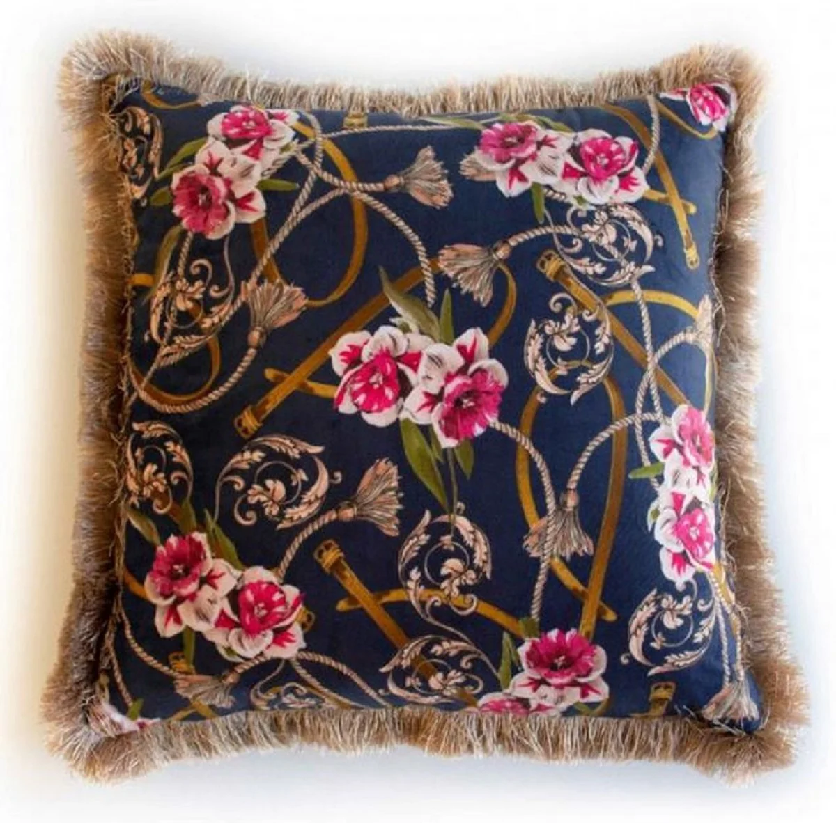 Luxury decorative cushion baroque flowers design blue / multicolored / brown 45 x 45 cm - printed velvet cushion with fringes - decorative accessories