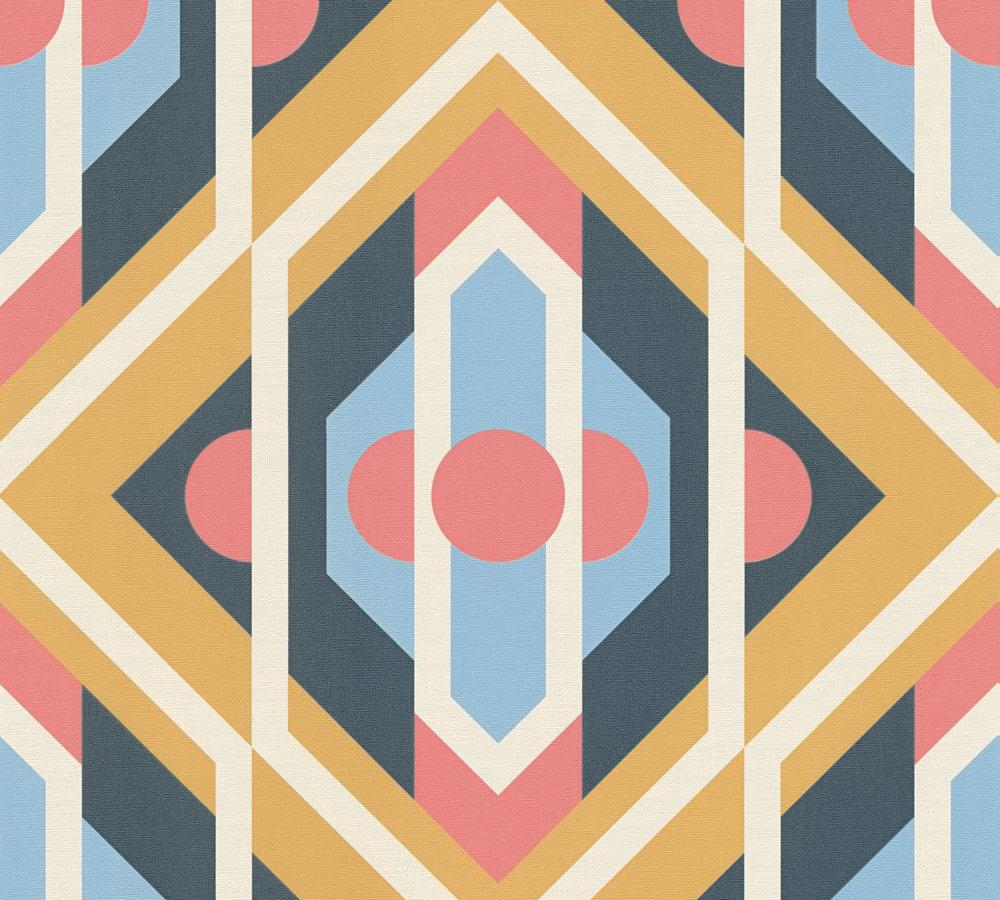 Vliesbehang geometrische ornamenten in retrostijl – blauw, geel, rood Geometrische ornamenten in retrostijl – blauw, geel, rood #1