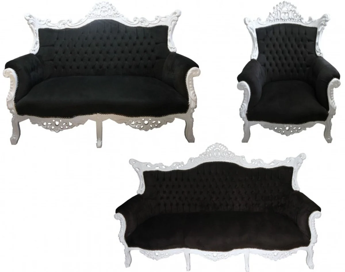Baroque living room set Master black/white - 3-seater sofa + 2-seater sofa + 1 armchair