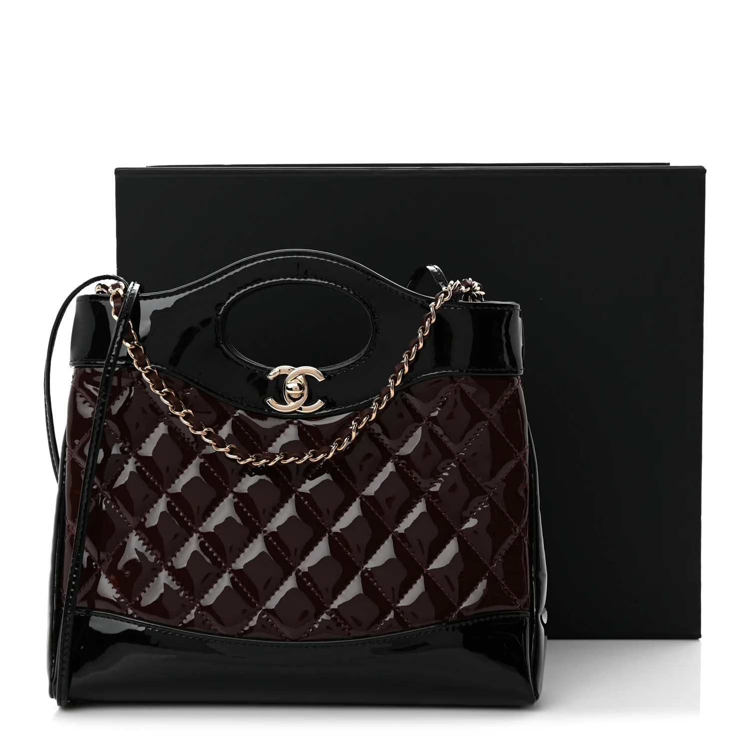 Patent Calfskin Quilted Mini 31 Shopping Bag Burgundy Black - Top Club