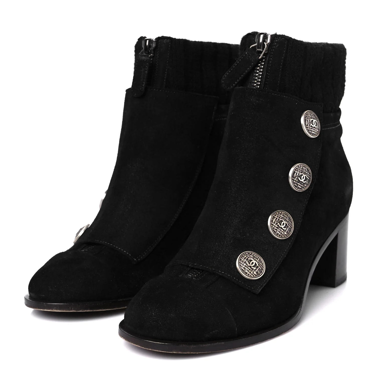 Suede Calfskin Knit Button Ankle Boots 36.5 Black - Top Club