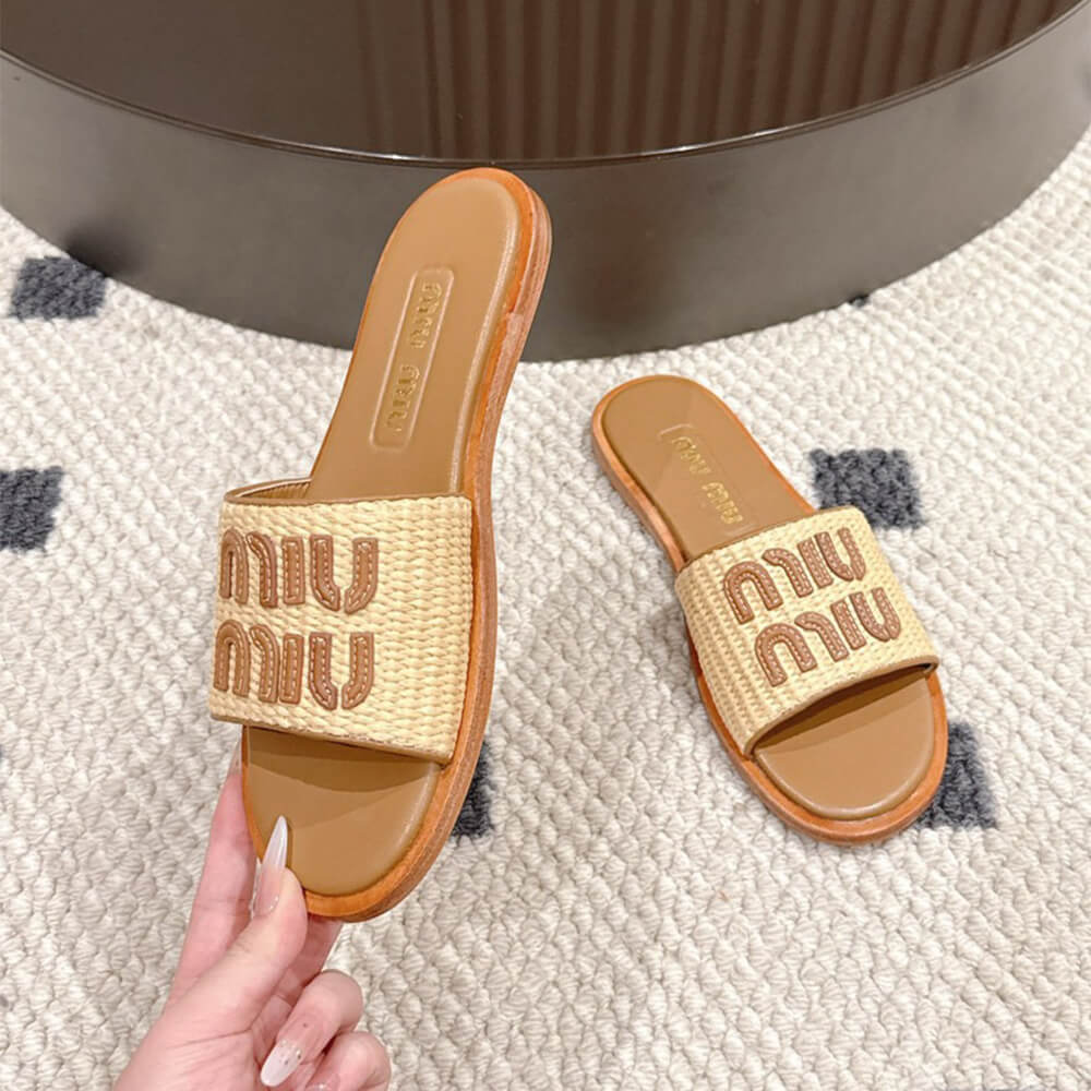 MiuMiu Raffia Slide Sandals - Top Club