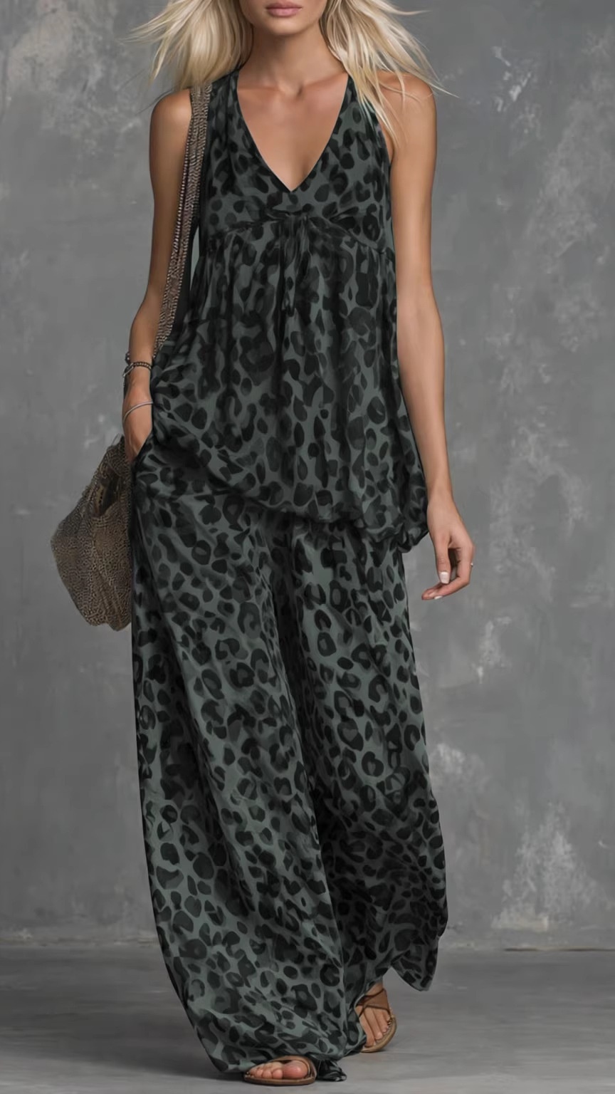 Women's Two-Piece Set: Leopard Print Sleeveless Top and Printed Trousers - Nordfashionstorm - Women's Clothing, Fashion for You - Nordfashionstorm.com