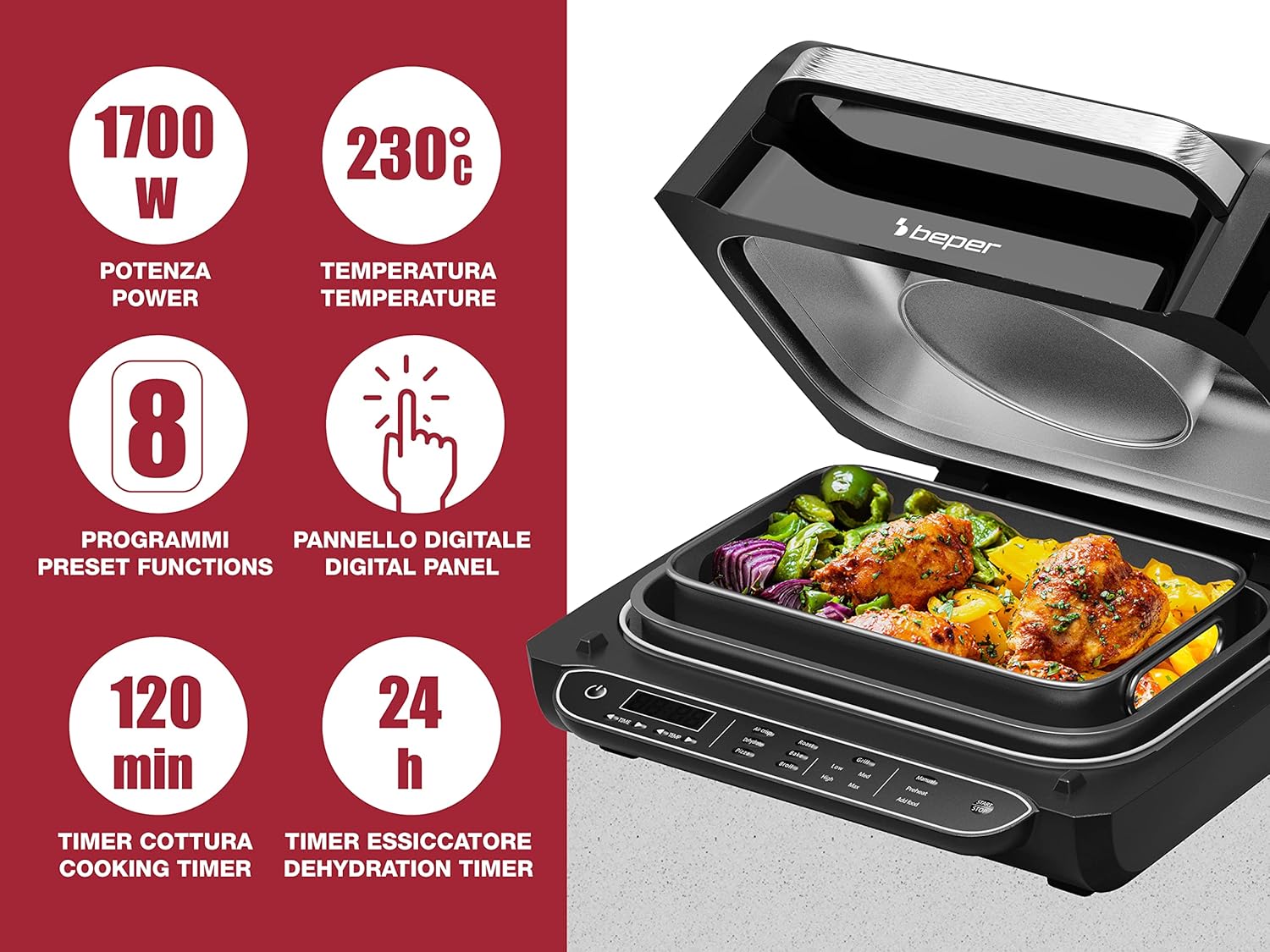 BEPER P101FRI080 CUCINOTTO Grill e Friggitrice ad Aria Multifunzione con 8 Programmi - Friggitrice ad Aria, Barbecue, Forno, Piastra Cucina ed Essiccatore + Accessori Inclusi
