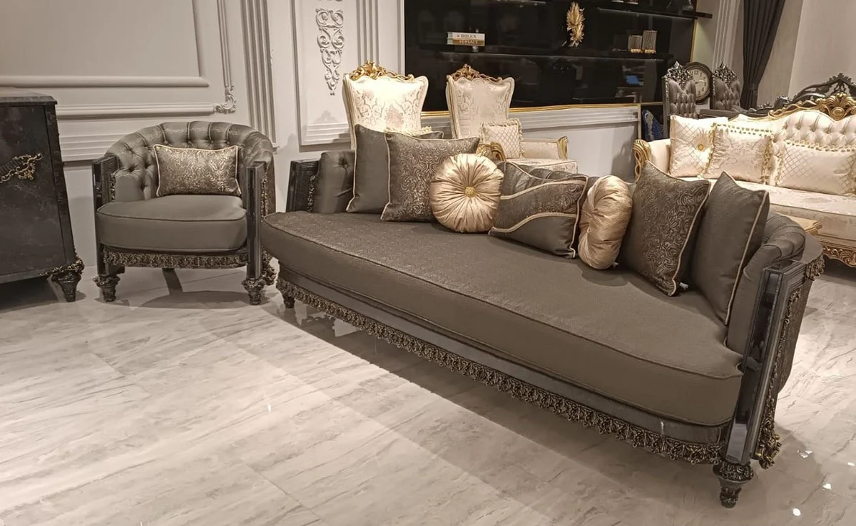 Luxury Baroque Living Room Set Gray / Gold - 2 Baroque Sofas & 2 Baroque Armchairs & 1 Baroque Coffee Table with Glass Top - Handcrafted Luxury Living Room Furniture in Baroque Style