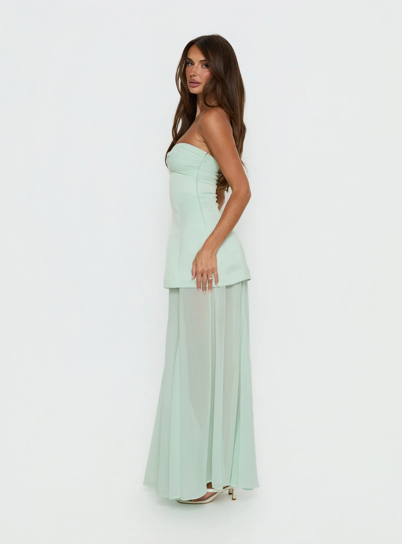 Flashy Sheer Chiffon Strapless Maxi Dress Green