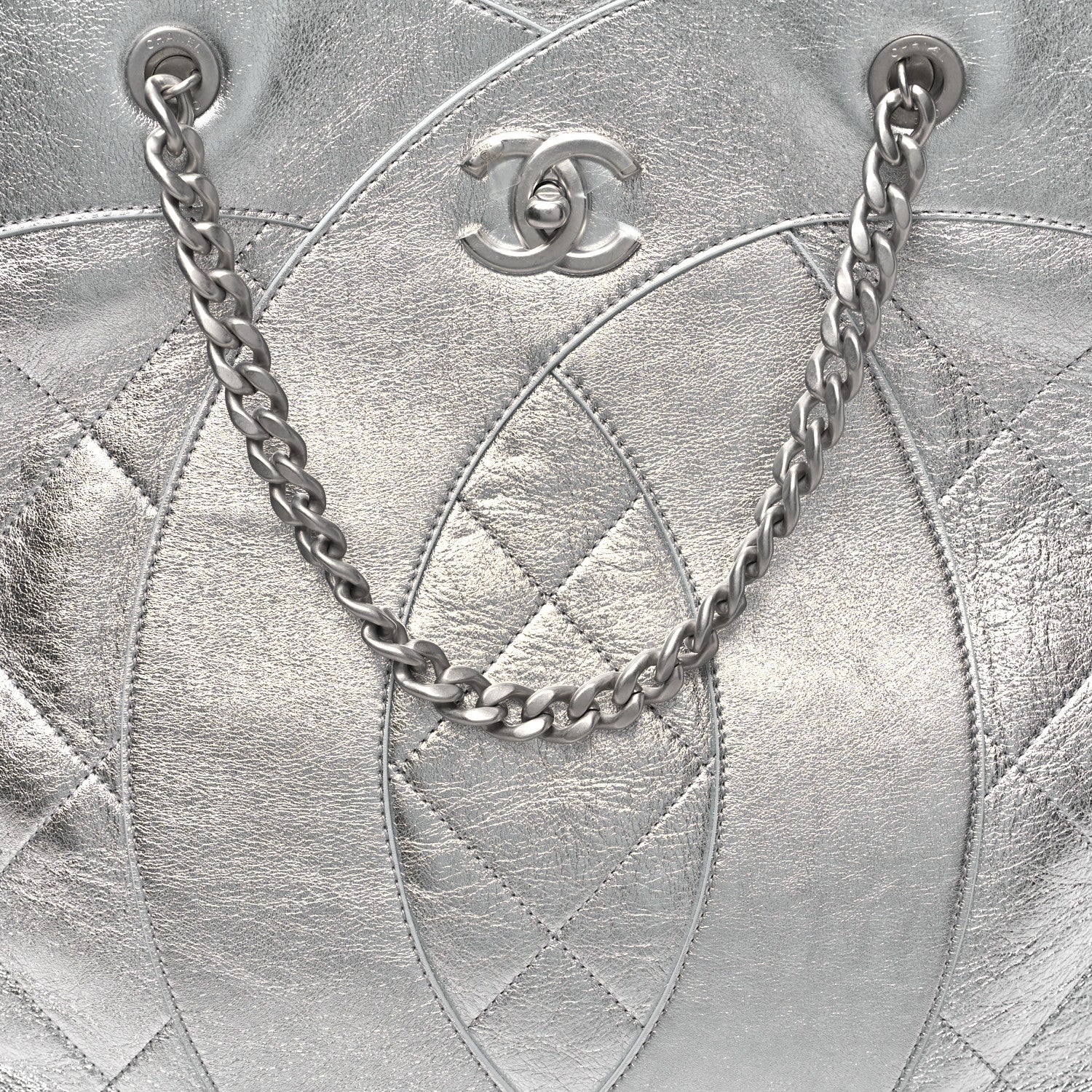 Metallic Calfskin Stitched CC Shopper Tote Silvery - Top Club