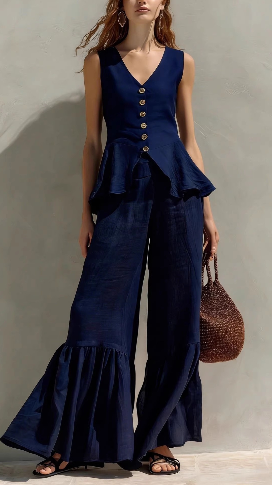 Women's V-Neck Button-Front Top & Linen Ruffled Wide-Leg Pants - Nordfashionstorm - Women's Clothing, Fashion for You - Nordfashionstorm.com