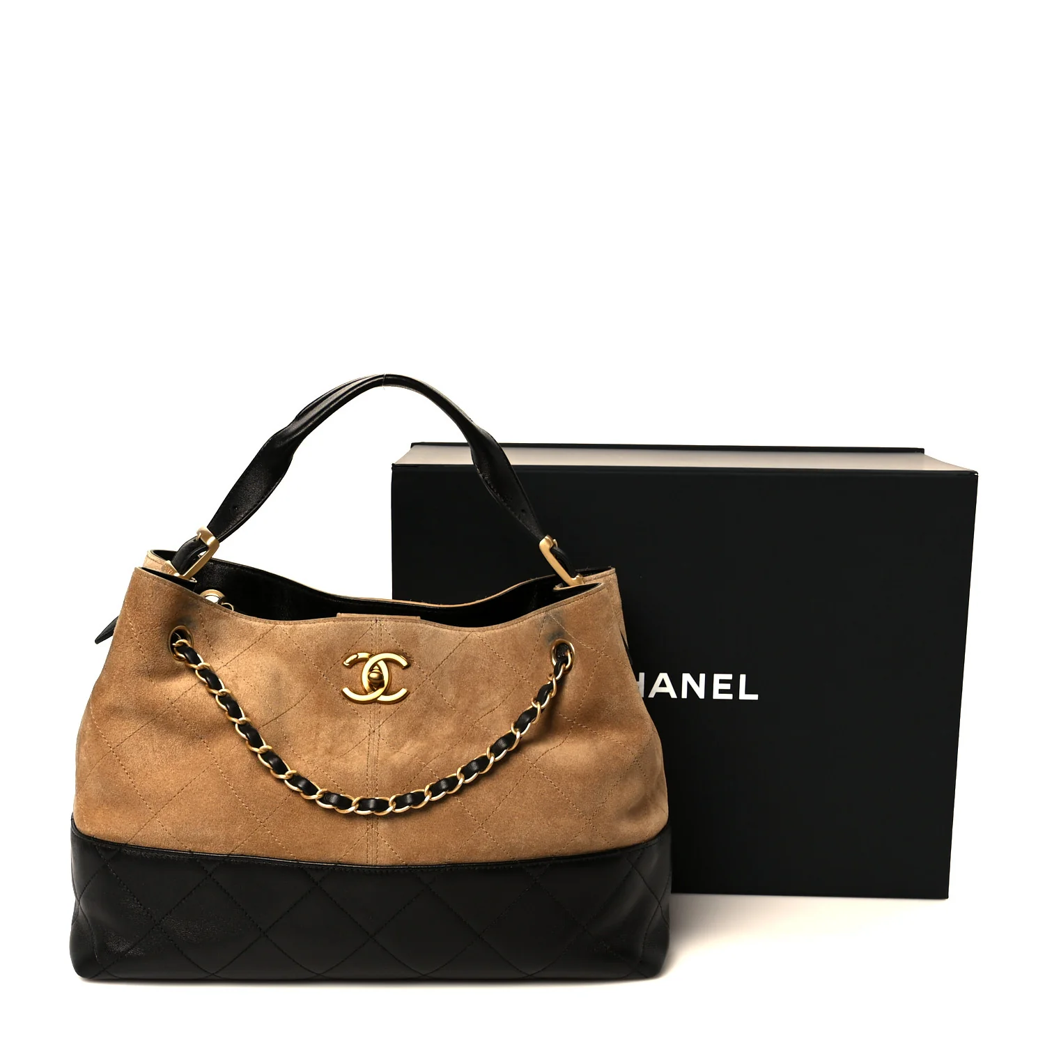 Suede Calfskin Shiny Lambskin Quilted Small Coco Base Shopping Bag Beige Black - Top Club