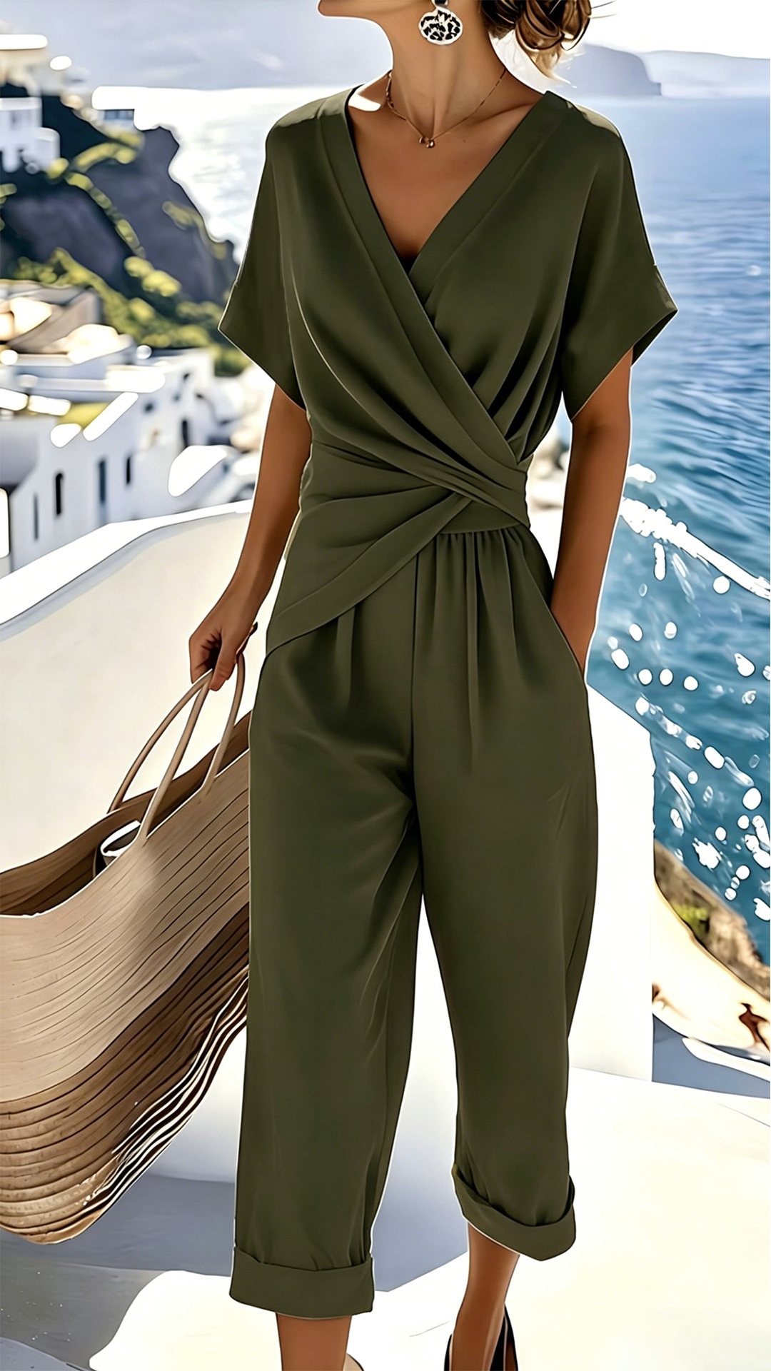 Women's  Wrap-Waist Cotton-Blend Two-Piece Set - Nordfashionstorm - Women's Clothing, Fashion for You - Nordfashionstorm.com