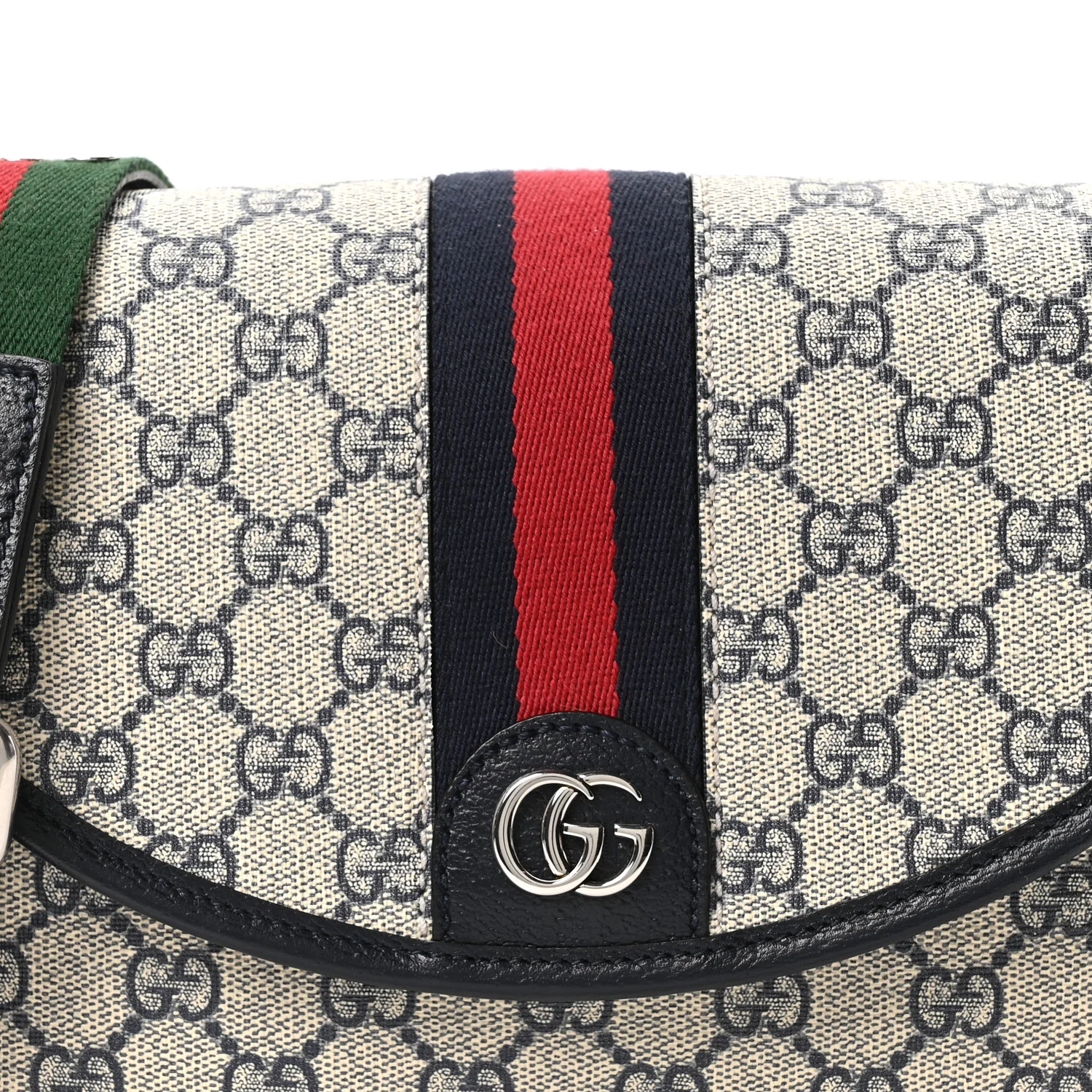 GG Supreme Monogram Textured Dollar Calfskin Web Studded Mini Ophidia Flap Shoulder Bag Beige Blue - Top Club