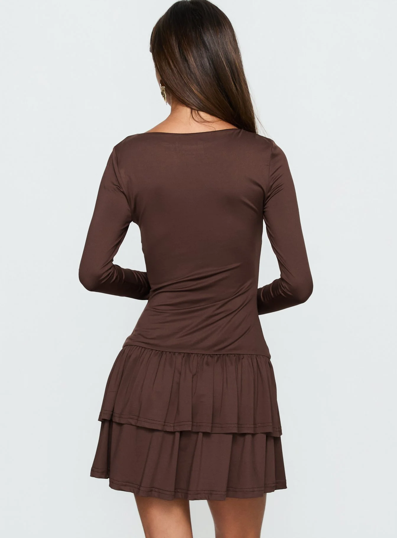 Mallissa Long Sleeve Ruffled Mini Dress Brown