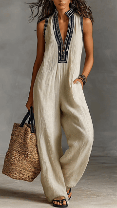 Embroidered Stand Collar Sleeveless Cotton Linen Wide-Leg Jumpsuit - Nordfashionstorm - Women's Clothing, Fashion for You - Nordfashionstorm.com