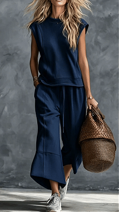 Women's Navy Sleeveless Wide-Leg Cotton-blend Two-piece Outfit - Nordfashionstorm - Women's Clothing, Fashion for You - Nordfashionstorm.com