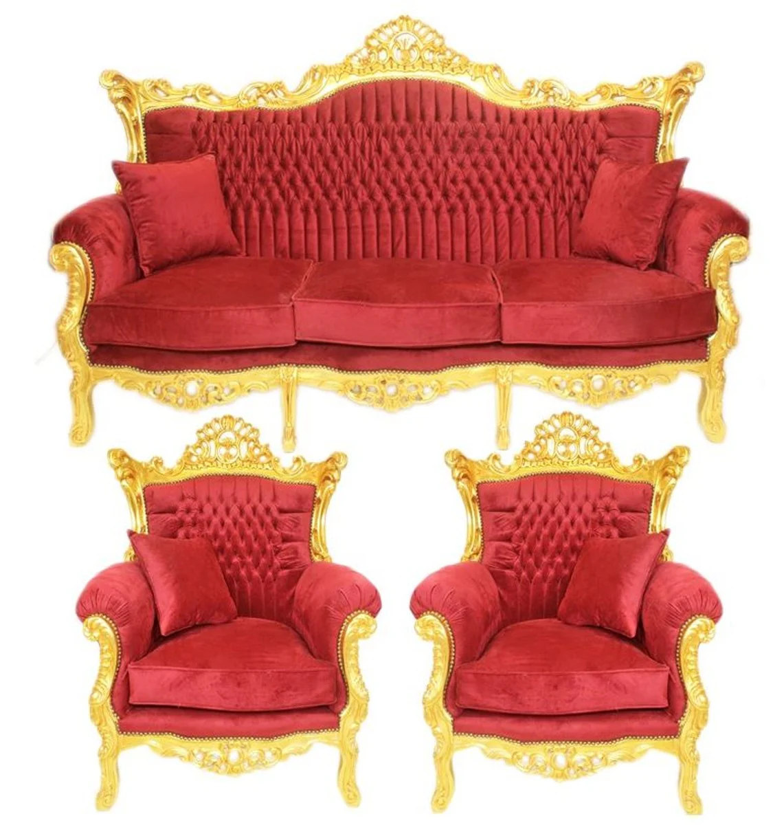 Baroque living room set Bordeaux velvet fabric / gold - 3 seater sofa + 2 armchairs
