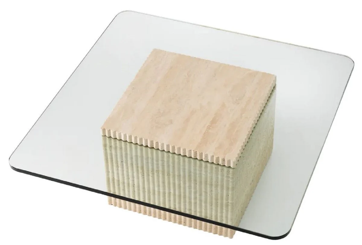Luxury travertine coffee table beige 90 x 90 x H. 35 cm - Square natural stone living room table with glass top - Living room furniture - Luxury furniture - Luxury furnishings