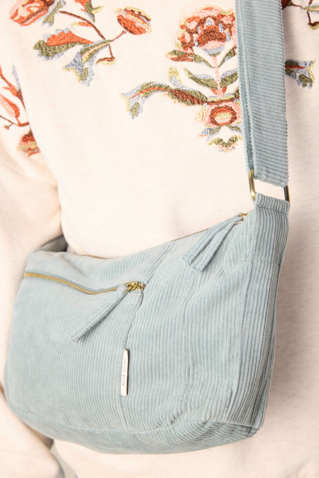 Blauwe corduroy crossbodytas