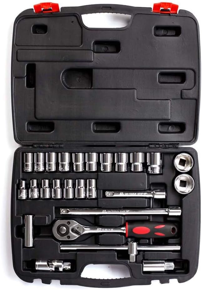 JIXIN Valigia Degli Attrezzi, Kit Attrezzi - Set Di Chiavi A Bussola A Cricchetto - SAE Professionale in Vanadio Cromato E Prese Metriche - Custodia Premium Soffiata Inclusa