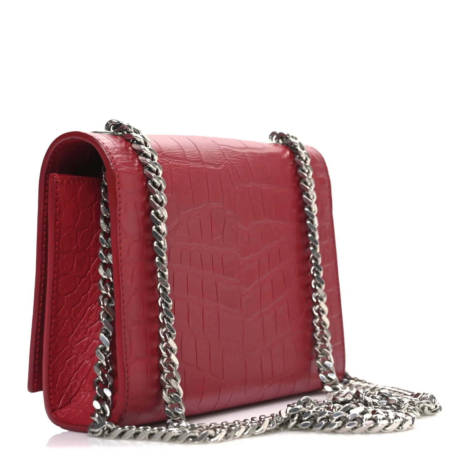 Calfskin Crocodile Embossed Small Classic Monogram Kate Tassel Satchel Red - Top Club