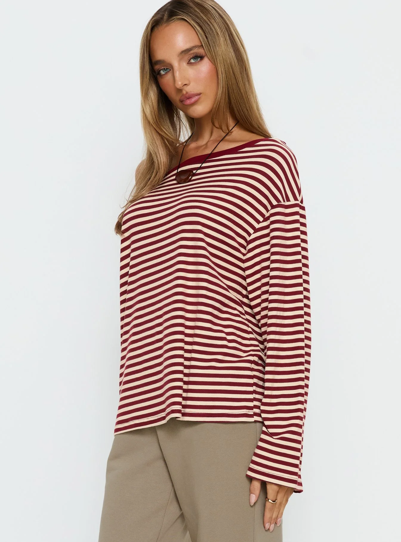 Ralyssa Off Shoulder Long Sleeve Top Red Stripe