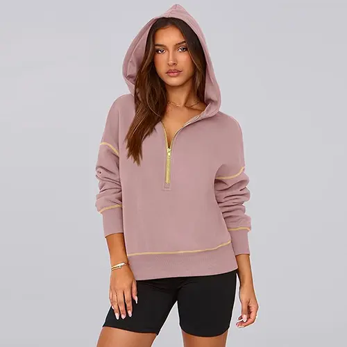 PRETTYGARDEN Women's Pink Hooded Sweatshirt Long Sleeve Half Zip Cropped Pullover with Gold Zipper & Stitching Detail for Winter Fashion