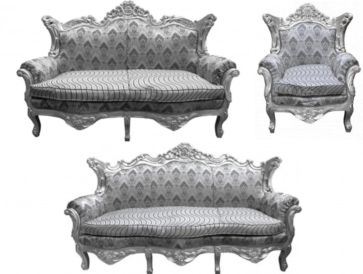 Baroque living room set gray pattern/silver - 3 seater sofa + 2 seater sofa + 1 armchair