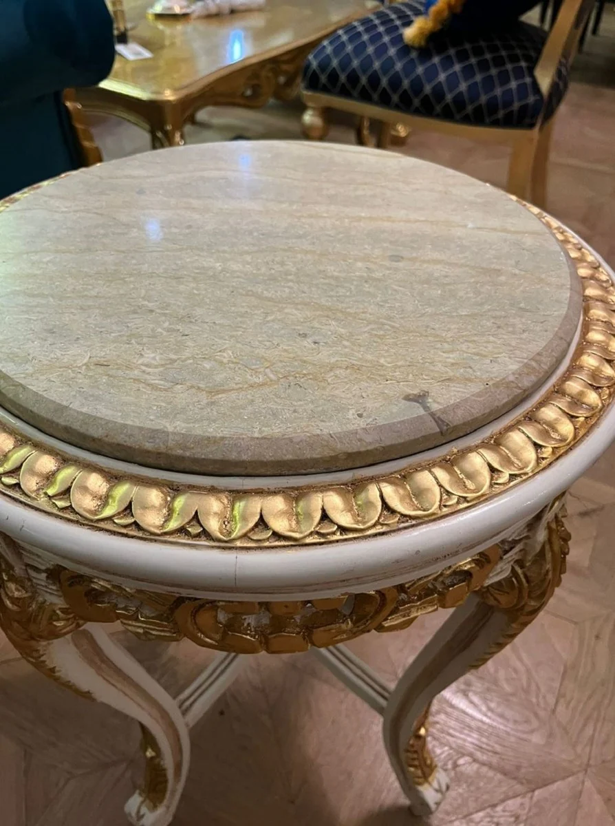 Baroque side table white / gold / cream - handmade antique style solid wood table with marble top - living room furniture in baroque style - antique style furniture - baroque furniture
