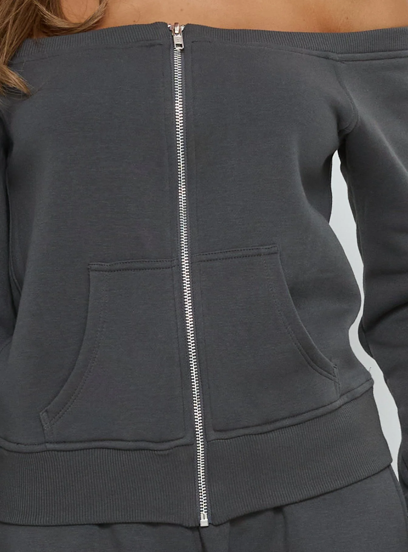 Airazo Off Shoulder Zip Through Jumper Grey