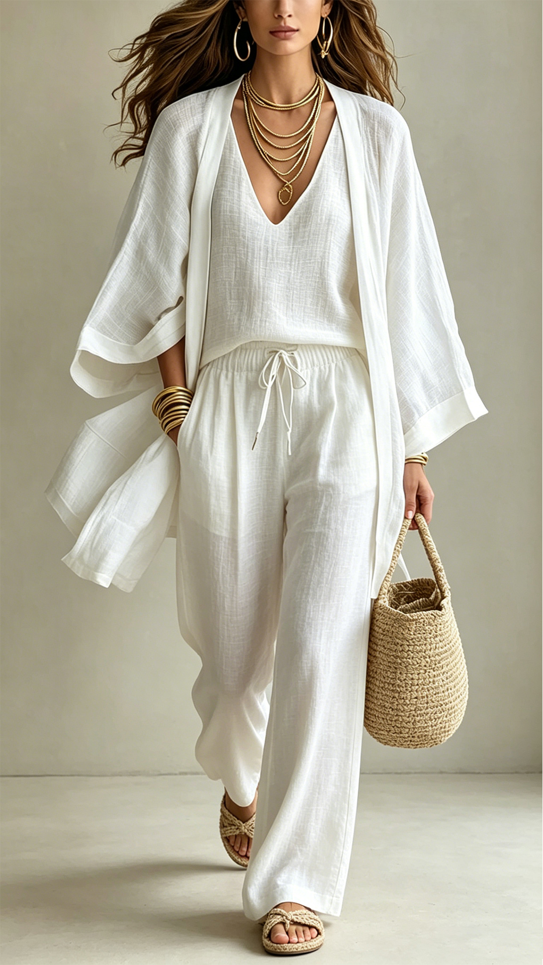 Women's  Linen-Blend Three-Piece Set(Kimono + Tank + Pants) - Nordfashionstorm - Women's Clothing, Fashion for You - Nordfashionstorm.com