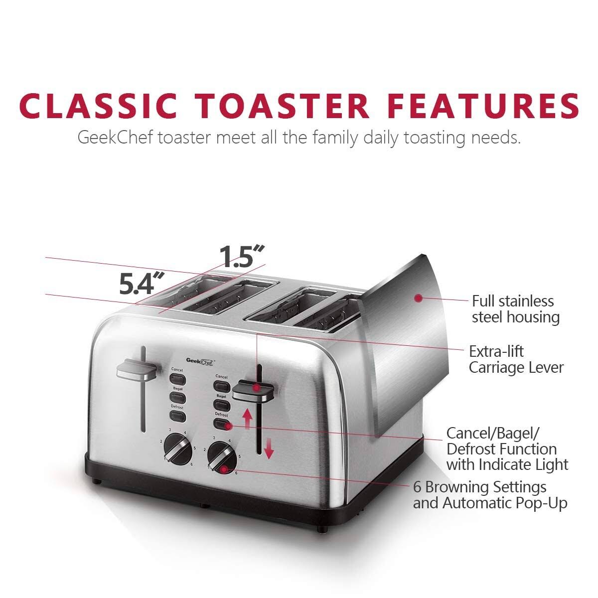 Extra Wide Slots Toaster 4 Slice, 6 Browning Settings Auto Pop-Up - Stainless Steel - 10.9 W x 11.8 D x 7.1 H Inches - Silver