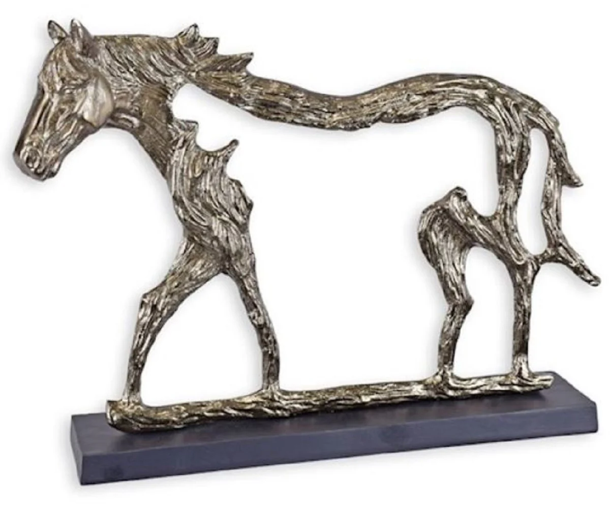 Luxury aluminum decorative sculpture horse silver / gray 58.7 x 11.5 x H. 43.2 cm - aluminum decorative figure with wooden base - living room decoration - desk decoration