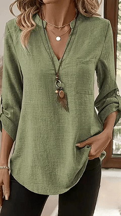 Women's Army Green Linen-Blend Henley Shirt - Nordfashionstorm - Women's Clothing, Fashion for You - Nordfashionstorm.com
