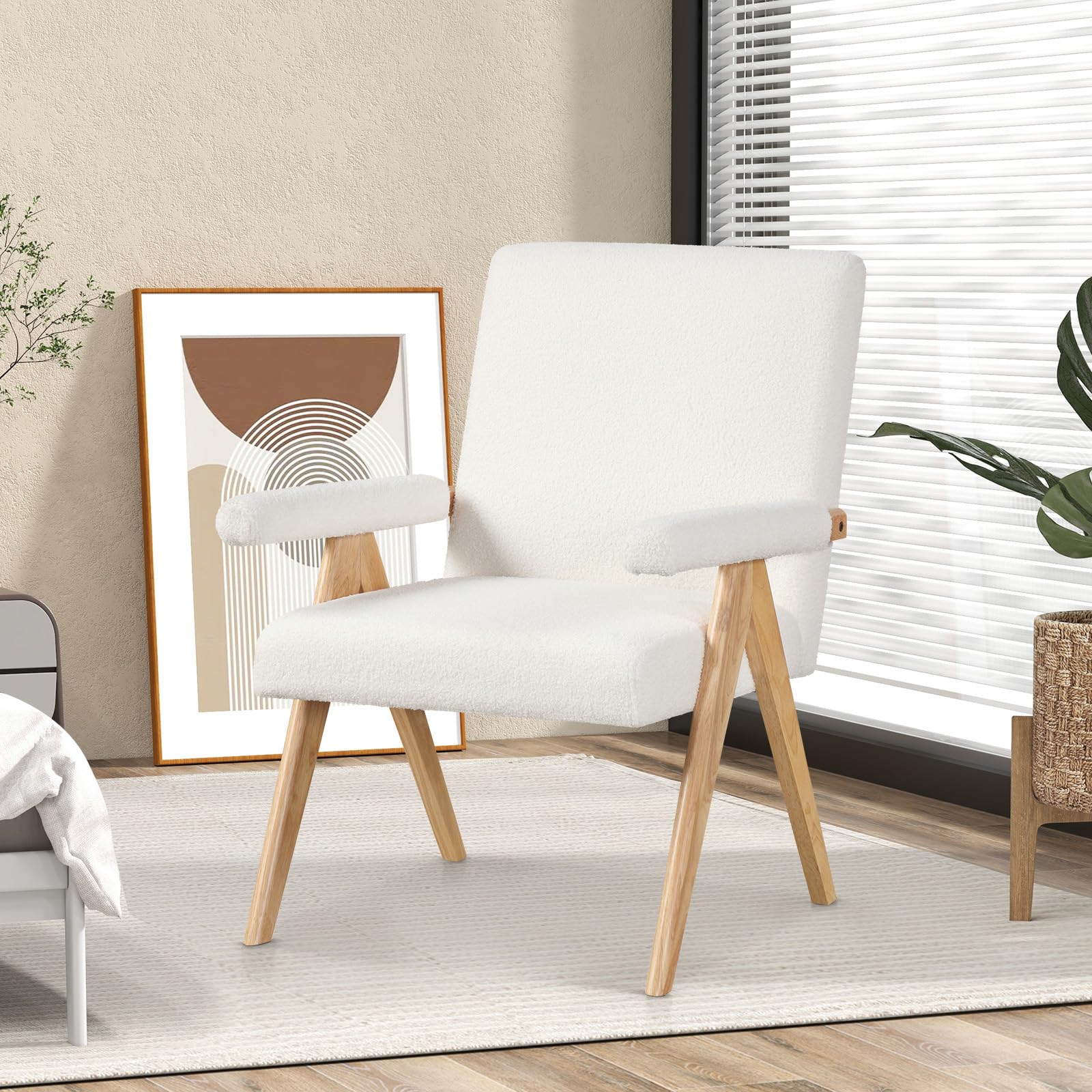 BEFOUNDLOVELY Mid-Century Modern Accent Chair, Sherpa Fabric Reading Chair with Padded Armrests, Solid Rubber Wood Frame