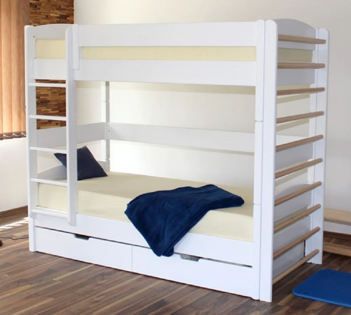 Luxury solid wood children's bunk bed white / natural colors 211 x 98 x H. 185 cm - multifunctional children's bed with ladder and wall bars - children's room furniture