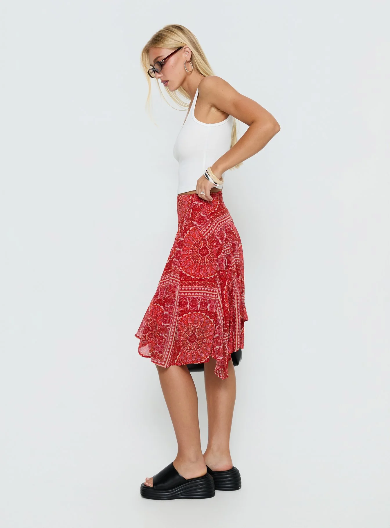 Raenah Asymmetrical Midi Skirt Red Paisley