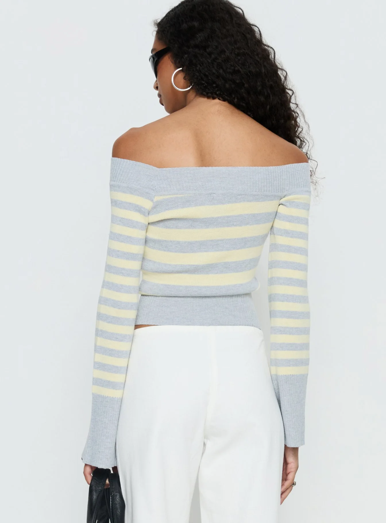 Perrey Long Sleeve Off Shoulder Top Knit Yellow / Grey Stripe