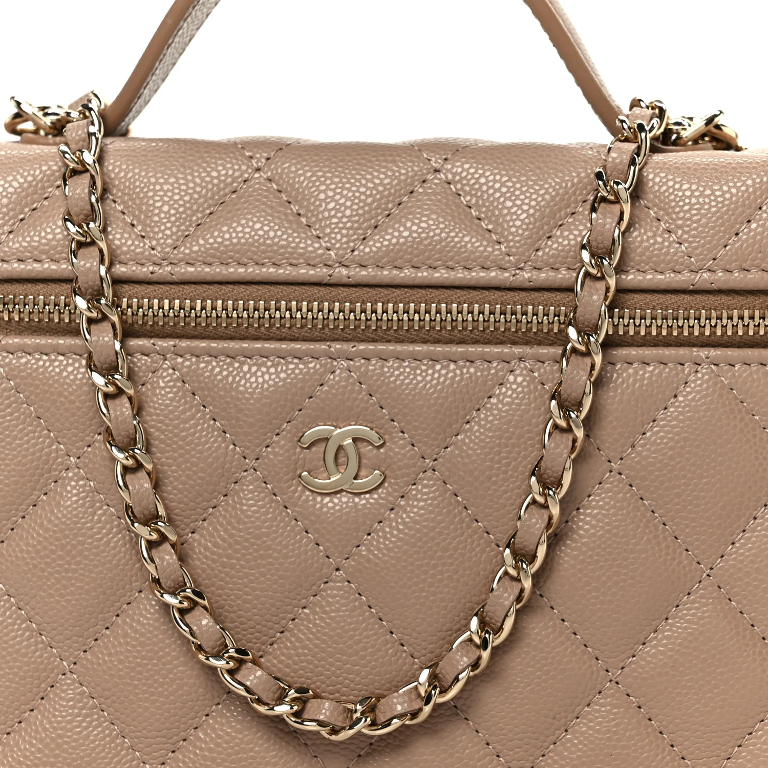 Caviar Quilted Top Handle Slim Vanity With Chain Dark Beige - Top Club