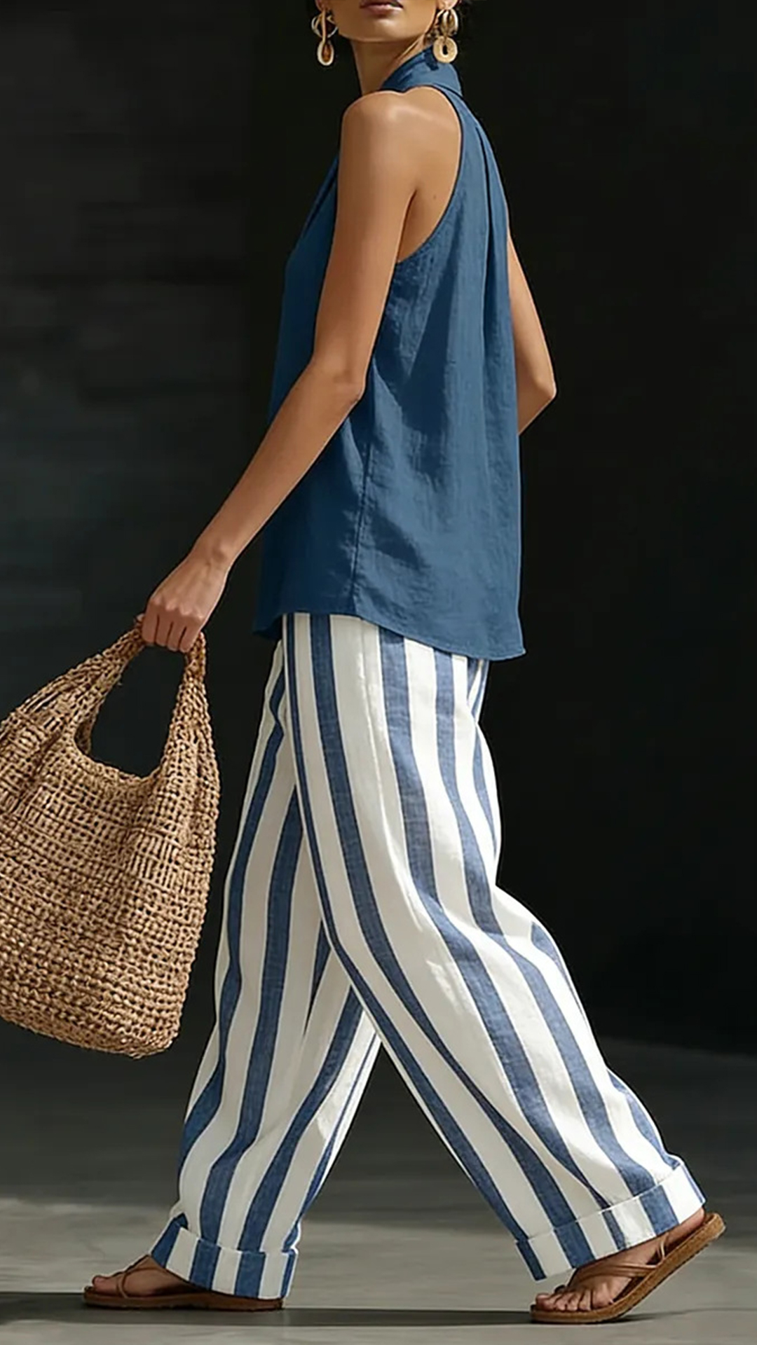 Women's Cotton Linen Halter Stripe Wide-Leg Set - Nordfashionstorm - Women's Clothing, Fashion for You - Nordfashionstorm.com