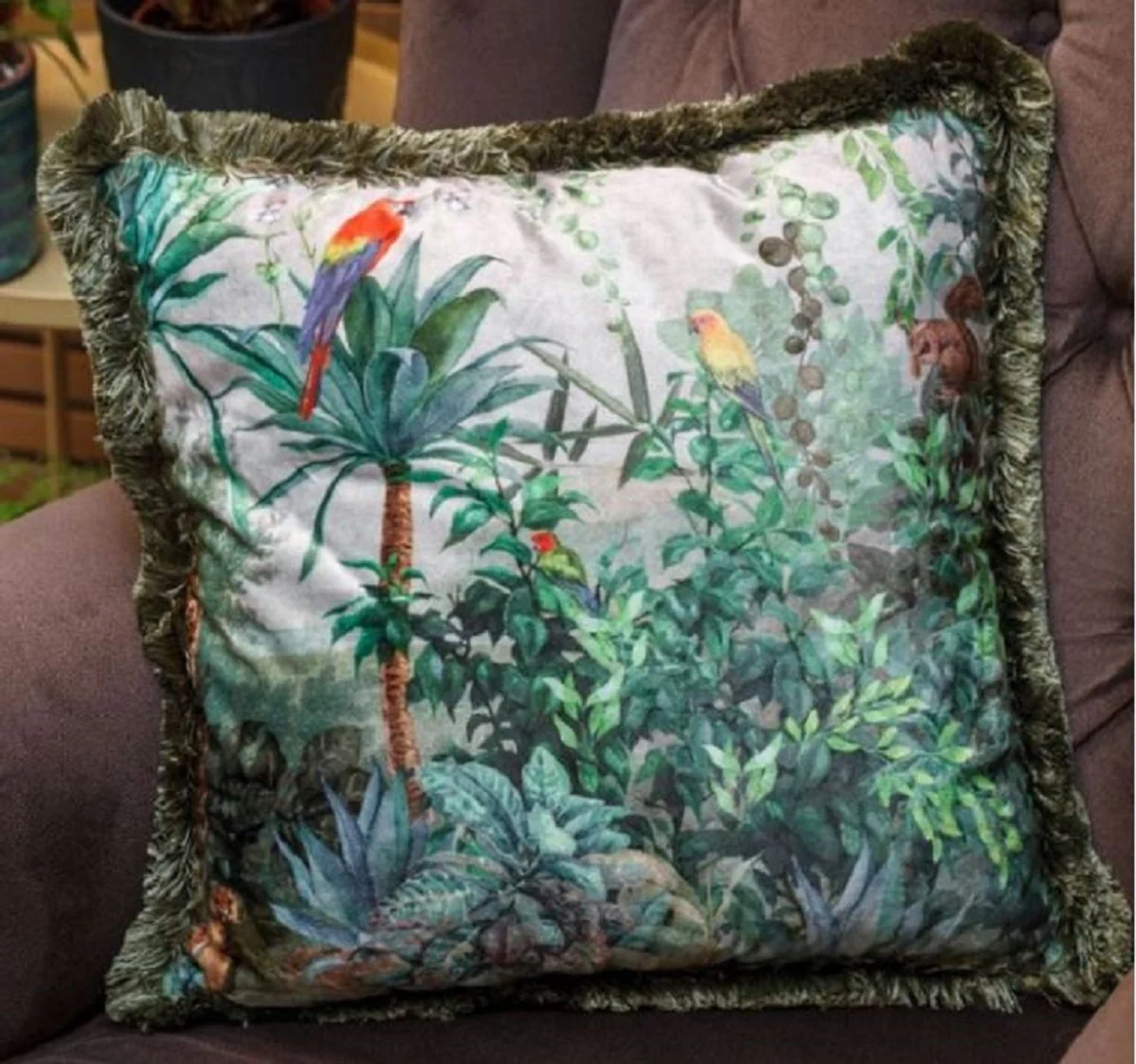 Luxury decorative cushion jungle & parrots multicolored / green 45 x 45 cm - printed velvet cushion with fringes - living room decorative accessories